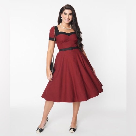 Unique Vintage Burgundy & Black Swing Dress Plus Size 5X 26W - Picture 1 of 8